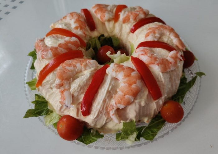 pastel de espárragos y langostinos